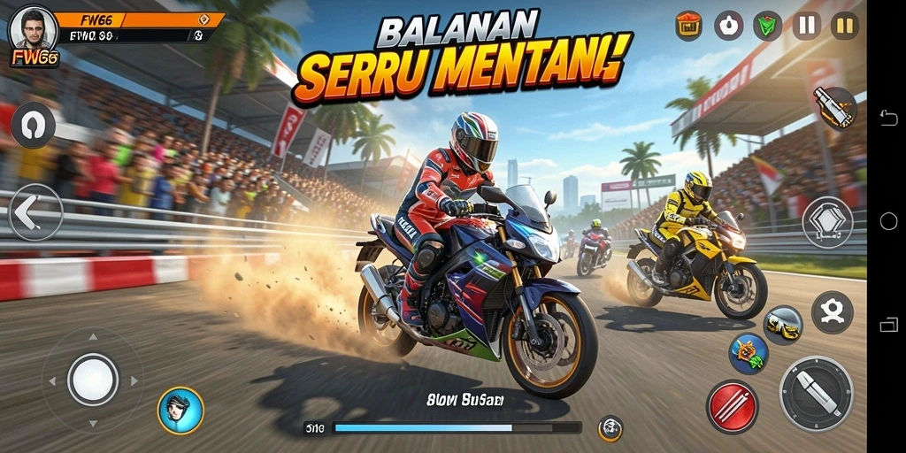 Tampilan gameplay seru di FW66 dengan balapan motor yang mendebarkan.