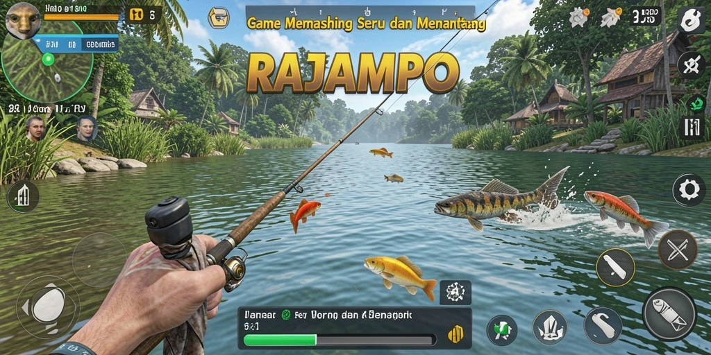 Tampilan gameplay seru dalam RAJAMPO saat menangkap ikan.