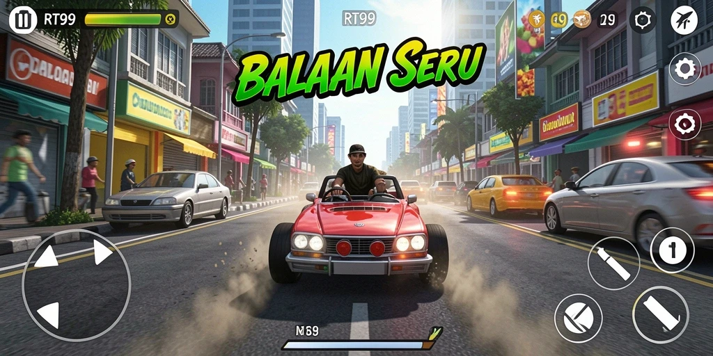 Tampilan gameplay RT99 yang menampilkan mobil balap di trek yang menantang.