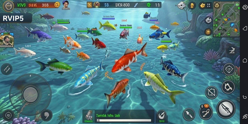 Screenshot gameplay RVIP5 yang menunjukkan aksi menembak ikan.